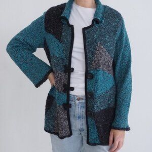 Vintage Jm Collection Teal Black 2% Wool Button-Up Nick Cardigan Sweater 1X